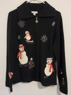 Wool Charter Club Snowman Zip Up Sweater Collared Stitching Winter Large Snow